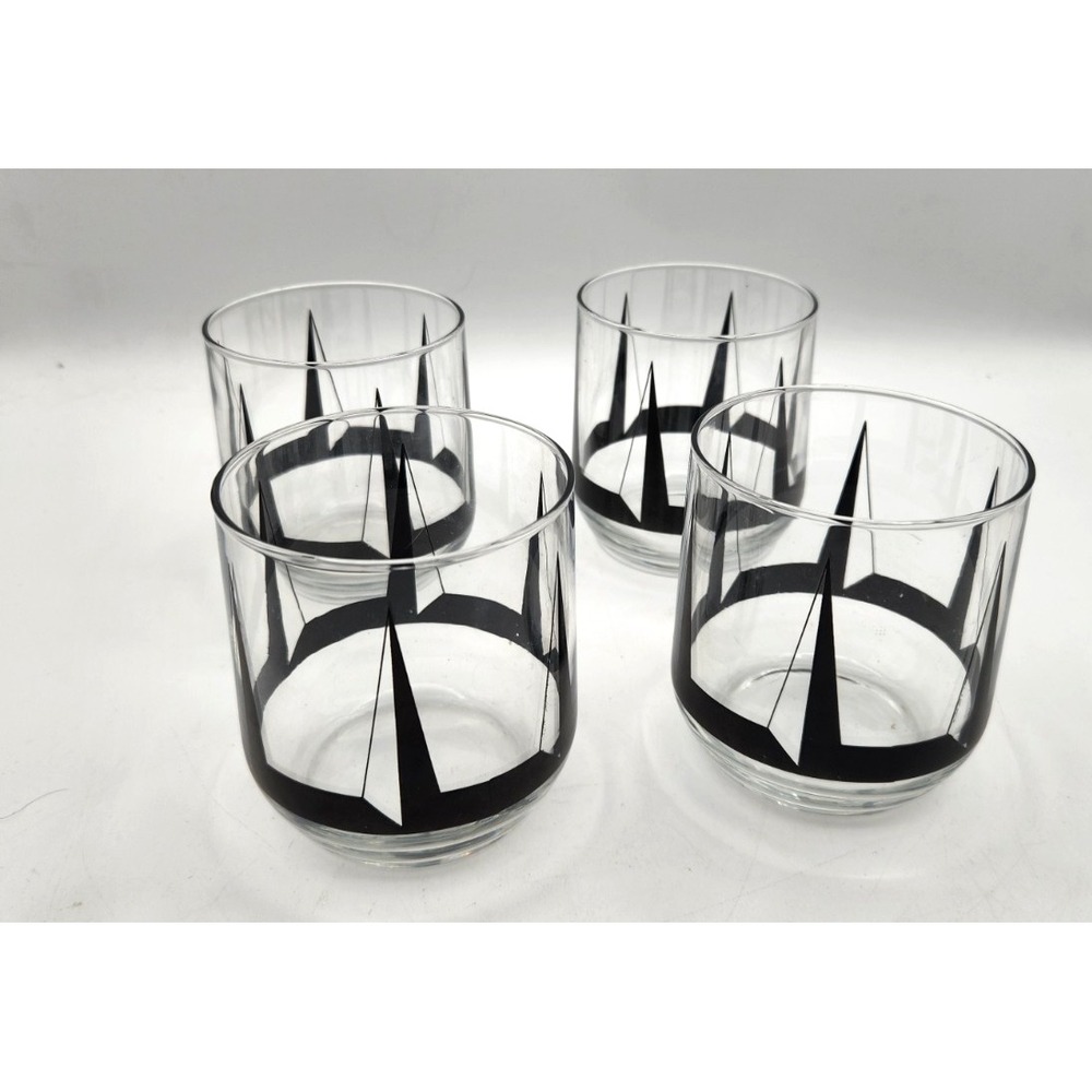 Set of 4 Edgar Watkins Black Pyramid Short Lowball Glass Drinking Glasses VTG